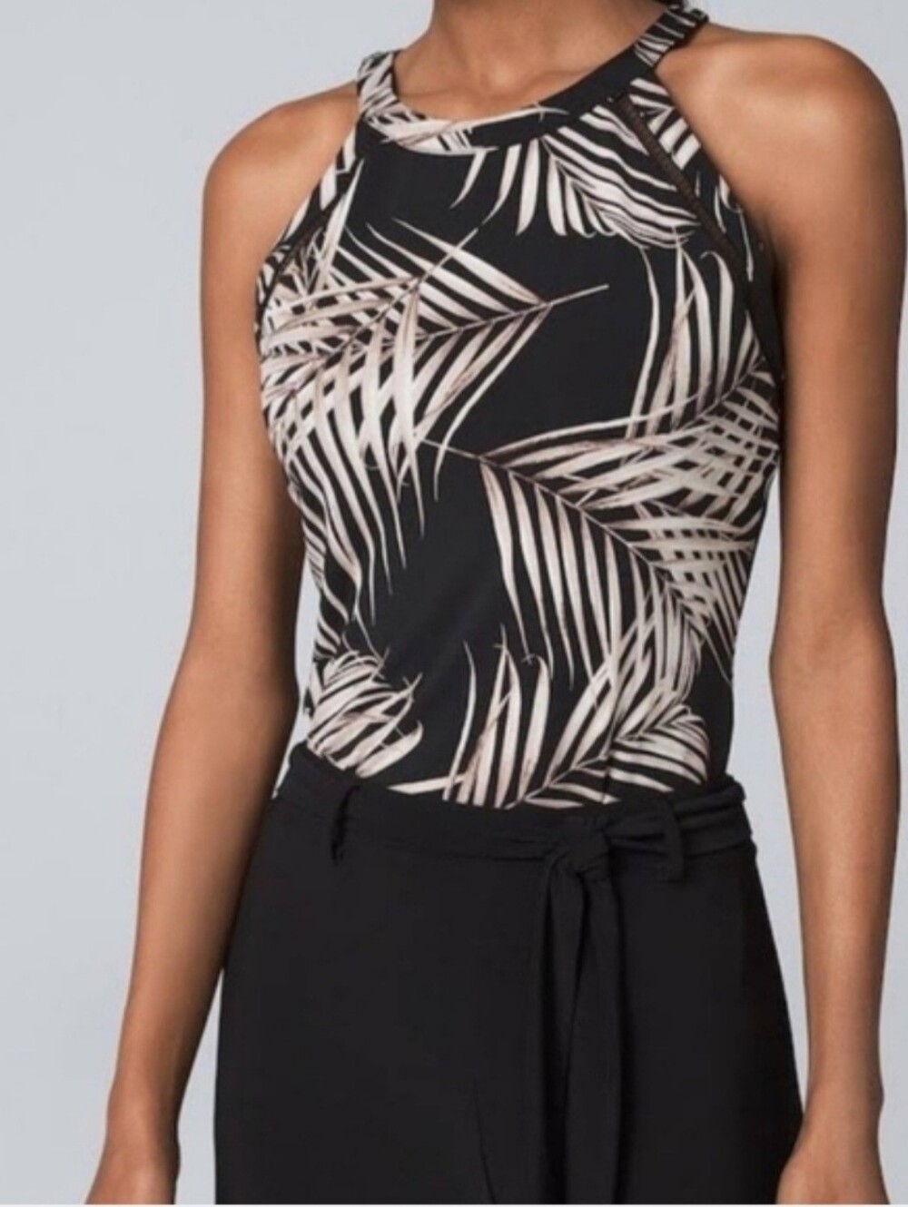 WHBM Black Sleeveless Palm Leaf Top, sz XS